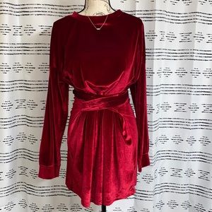 Red Velvet Dress with Wrap Around Waist Tie